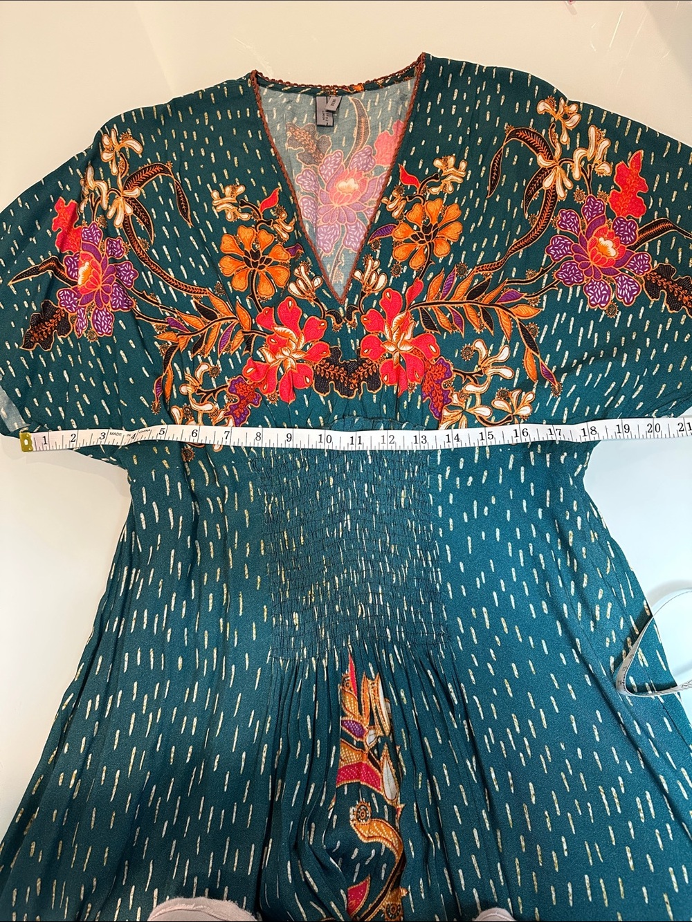 Anthropologie BL^NK London Boho Floral Midi Dress One Size Teal Smocked Waist - Picture 9 of 12